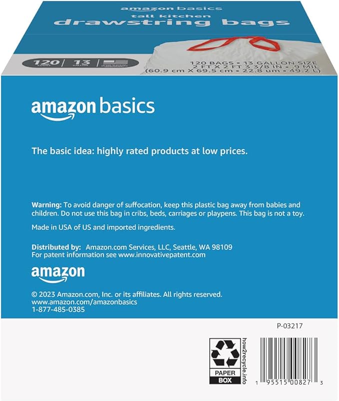 Amazon Basics Trash Bags, Tall Kitchen Drawstring, Unscented, 13 Gallon, 120 Count, Pack of 1