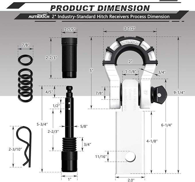 AUTMATCH Shackle Hitch Receiver 2" with 3/4" Mega D Ring Shackle and 5/8" Trailer Hitch Lock Pin, 68,000 Lbs Break Strength Heavy Duty Receiver Towing Kit for Off-Road Vehicle Recovery, White