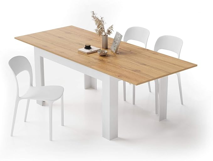 Mobili Fiver, Easy, Extendable Dining Table, 55.1(86.6) x35.4 in, Rustic Oak and Ashwood White, Made in Italy