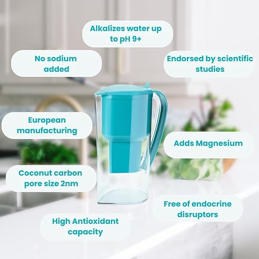 Alkanatur Drops Low Emission Water Filter Pitcher - Hydrogenates + Ionizes + Provides Magnesium Removes Chlorine, Metals, Fluorides, Microplastics, and More - Certifeid UNE 149101:2015