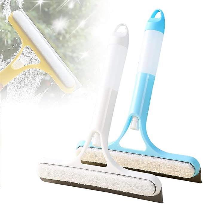 3 in 1 Window Cleaning Scraper, 2025 New Squeegee for Shower Glass, 3 in 1 Spray Function for Glass Doors for Windows Glass, Mirrors Scraper, Brush. All-Purpose Window Cleaner Tool (Blue+White)