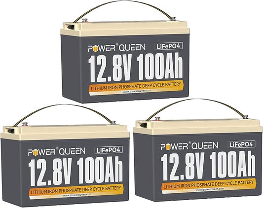 Power Queen 3 Pack 12.8V 100Ah LiFePO4 Battery, Built-in 100A BMS, Lithium Battery 1280Wh, Up to 15000+ Cycles, Support in Series/Parallel, widely used for Solar Home System, RV, Off-grid Life