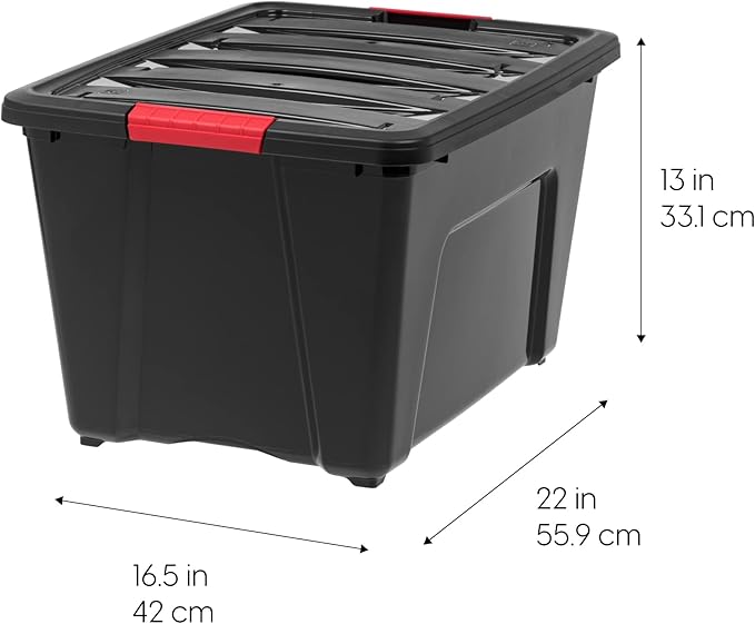 IRIS USA 54 Qt Stackable Plastic Storage Bins with Lids, 4 Pack - BPA-Free, Made in USA - Garage Organizing Solution, Latches, Durable Nestable Containers, Secure Pull Handle - Black