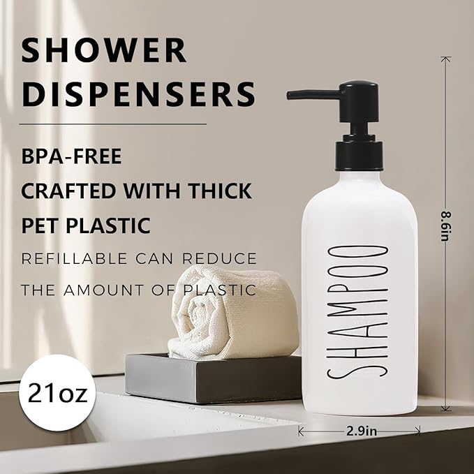 HOMCDALY Shampoo and Conditioner Dispenser Set of 3, 21oz Shower Soap Bottles with Pump, Refillable Shampoo Conditioner Body Wash Dispenser, Bathroom Shower Shampoo Bottles, shampoo container(P-White)