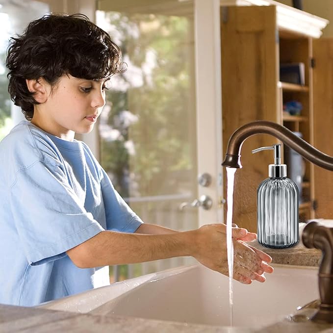 2 Pack Glass Soap Dispenser Bottle with Pump, 14 Oz Refillable Liquid Hand Jar Dispenser for Bathroom, Countertop, Kitchen, Laundry Room (Dark Grey)