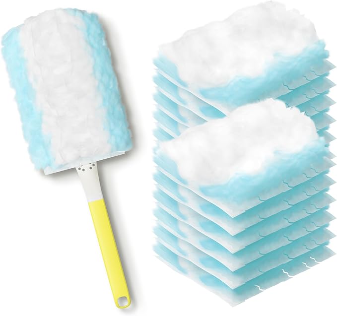 JOYMOOP Disposable Electrostatic Duster for Cleaning, with 1 Handles & 12 Ct Blue Heavy Duty Refills for Swiffer Feather Duster, Household Cleaning Tool for Electronics, Dusting Furniture, Blinds