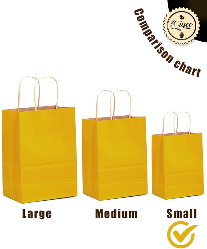 qiqee 32-Packs Bright Yellow Paper Gift Bags with Handles Bulk 8.26"×6"×3.15" Small Size Gift Bags Multiple Uses（Small Size）