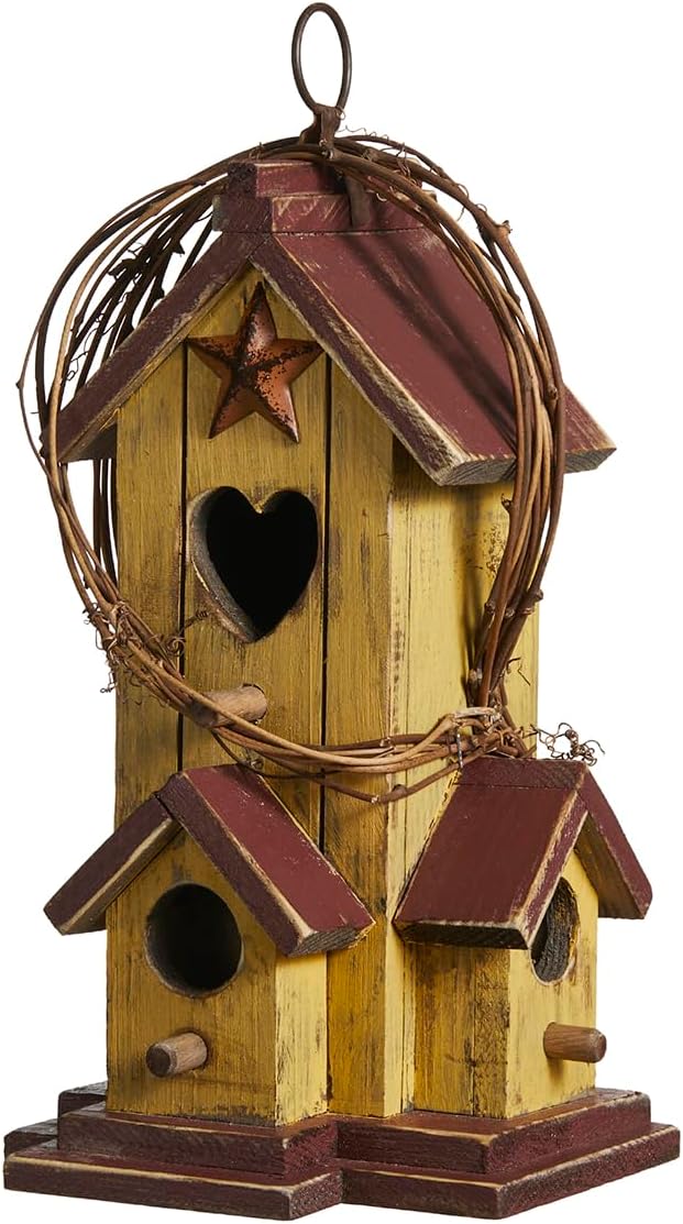 Glitzhome Bird Houses for Outside, Decorative Bird House,11.5"H Distressed Solid Wood Hanging Birdhouses for Outdoors, Hummingbird House Bird Cottage with Rattan for Outdoor Patio Garden,Washed Yellow
