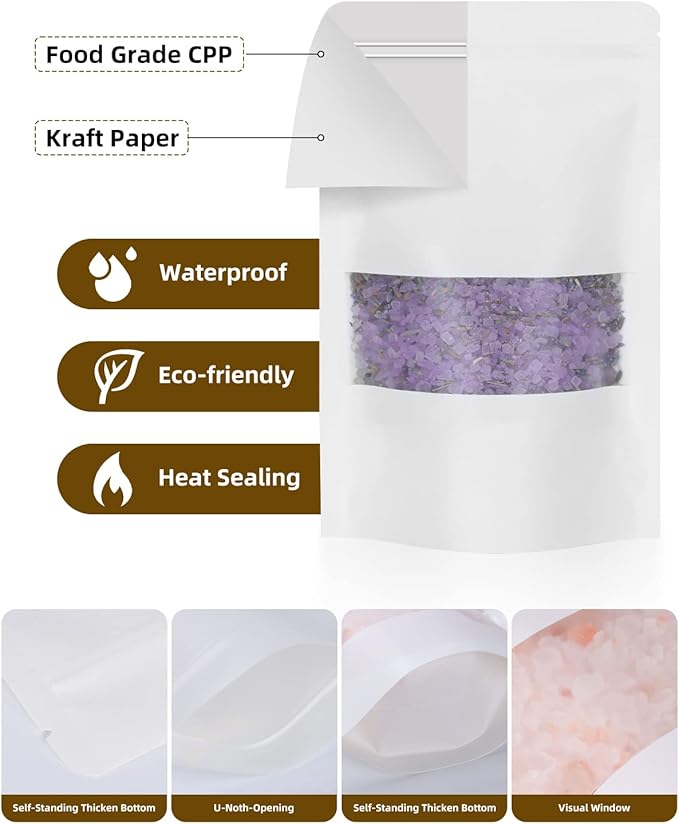 100pcs Kraft Bags with Window 4.7x7.8 Inches White Reusable Sealable Zip Lock Food Storage Stand up Paper Pouches for Home or Business