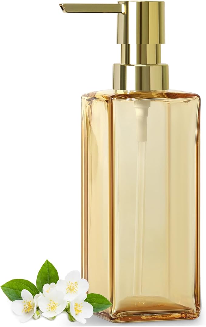 GMISUN Gold Soap Dispenser, Hand Glass Soap Dispenser with Pump, for Bathroom, 12 fl oz/350ml Refillable Dish Dispenser for Kitchen, Modern Liquid Soap and Lotion Bottles for Bathroom Countertop