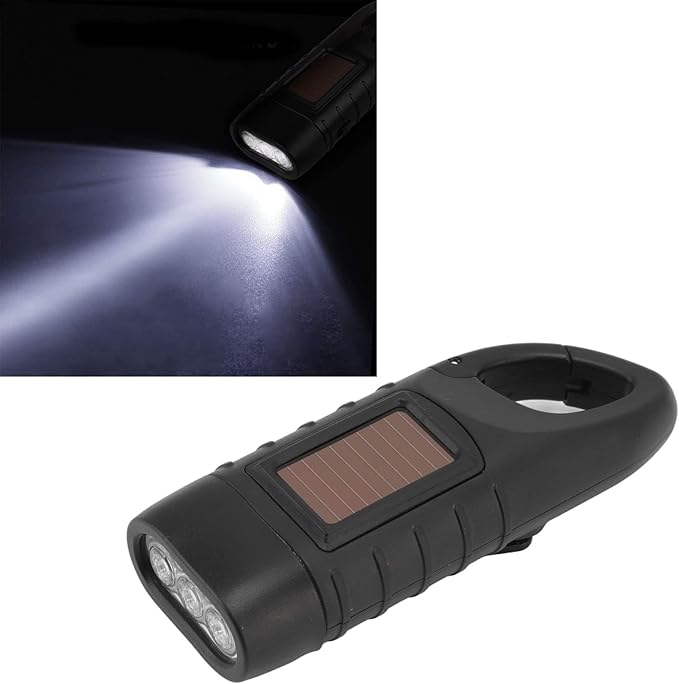 Hand Crank Solar Flashlight, Rechargeable Survival Light for Outdoor Camping, Hiking, Emergency, Plastic 4.9x1.8in