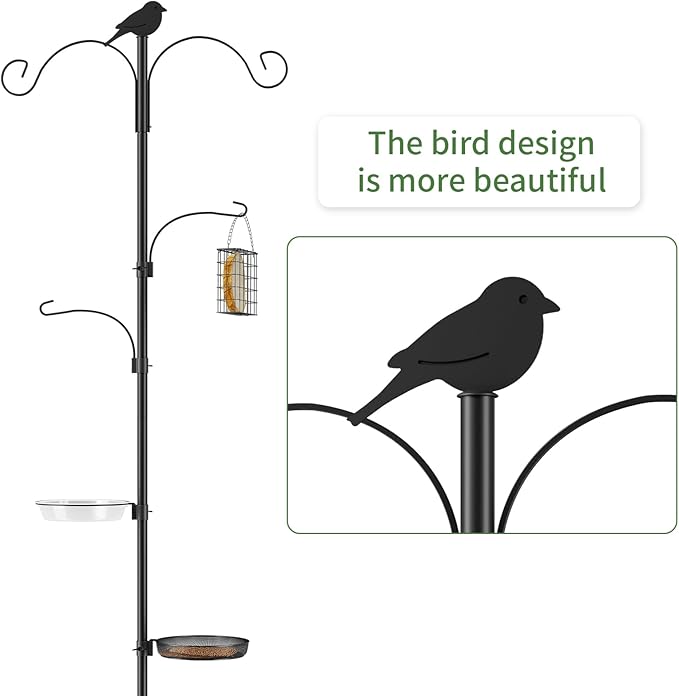 Bird Feeder Pole, 91in 4 Hook Bird Feeding Station Kit with Adjustable Shepherds Hooks, Birds Feeder for Outdoors with Pole 5 Prongs Base Attracting Wild Birds (ATR Deco, Black 91in)