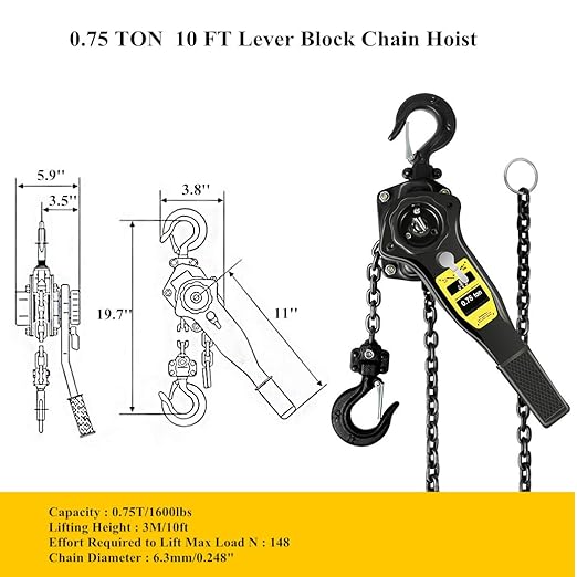 Manual Lever Hoist Come Along 3/4 TON 1650 LBS Capacity 10FT Lift 2 Heavy Duty Hooks Commercial Grade Steel for Lifting Pulling Construction Building Garages Warehouse Automotive Machinery
