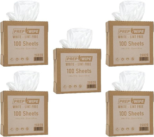 PrepWipe Heavy Duty Cleaning Towels, Lint Free Cleaning Towels, Industrial Paper Towels, Disposable Towels Pack of 100 Sheets 9"x17" (White) (White, Pack of 5 (500 Sheets))