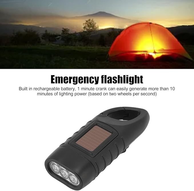 Hand Crank Solar Flashlight, Rechargeable Survival Light for Outdoor Camping, Hiking, Emergency, Plastic 4.9x1.8in