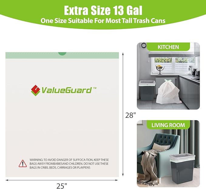 Large Trash Bags 13 Gallon Tall Kitchen Drawstring 100% Post-Consumer Recycled Garbage Bags Waste Bag for Office 0.6 Mil (110 Count)