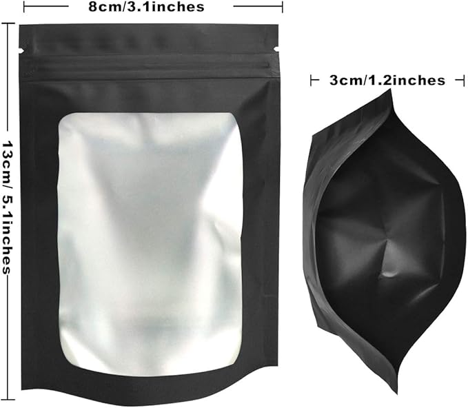 STUs 100 Pack Stand-Up Mylar Bags 3.1 x 5.1 Inch Resealable Smell Proof Bags with Clear Window Foil Pouch Bags Flat Bag Matte Black