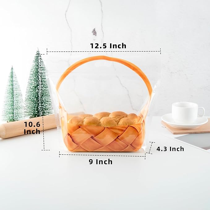 50 pcs 9 Inch Large Clear Bread Plastic Bags with Handle, Sealing Zipper Loaf Packaging with Basket Pattern for Homemade Bread Cookie, Bakery Cafe