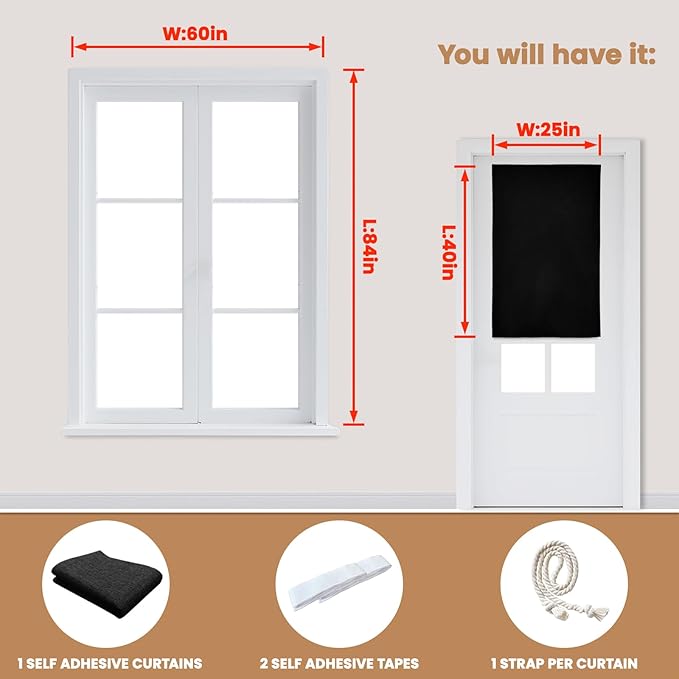 100% Blackout French Door Curtain,Adhesive, No Drilling Required,Small Curtains Designed for Installation On Doors (Black - W25 × L40 in)