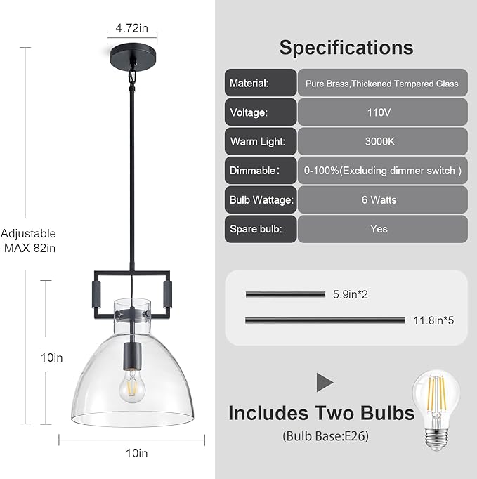 Mondern Large Black Kitchen Island Pendant Light, 10 '' W 1-Light Glass and Brass Island Pendant Lights,Farmhouses Pendant Light, for Kitchen,Dining Room,Bathroom