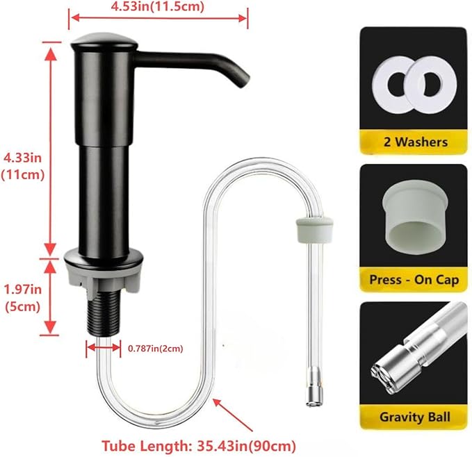 Dish Soap Dispenser for Kitchen Sink, Countertop Sink Soap Dispenser Water Pump with No-Spill Extension Tube Kit Design for Kitchen Bathroom, No Need to Fill Little Bottle Again (Black)