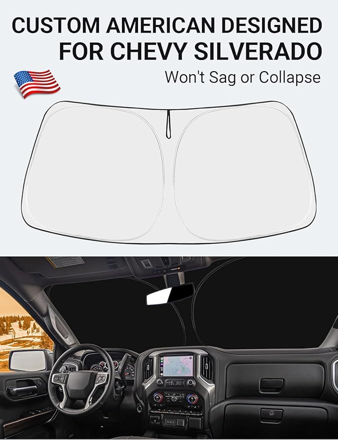 Proadsy 2025 Upgrade Windshield Sun Shade Custom Fit Chevy Silverado 1500 2Dr 4Dr 2019-2024 2025 4-Layer Foldable Front Sunshade Protector Sun Visor Blocks UV Rays Keep Car Cooler Accessories
