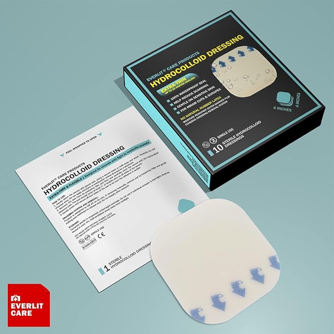 EVERLIT Hydrocolloid Wound Dressing | Waterproof Adhesive Bandage 4" x 4" [Pack of 10] | Sterile, Advanced Healing for Acne Breakout, Bed Sores, Ulcers and Blisters (Ultra-Thin Hydrocolloid Bandage)