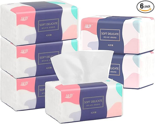 6 Packs Small Disposable Facial Tissues, Facial Napkins, Toilet Paper, Material Native Wood Pulp Fiber NOT COTTON, White Facial Paper, 5-Ply, 420 Sheets per Pack