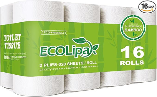 ECOLipak Bamboo Toilet Paper, Septic Safe Toilet Tissue, 16 Double Rolls, 320 Sheets Per Roll, Tree Free, Non Toxic, 2 Ply, Soft and Absorbent, Eco Friendly Dye-Free Paper