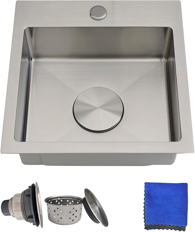 15 Inch Bar Sink Drop In - Delironexu 18 Gauge Stainless Steel Small Kitchen Sink, 15"x15" Single Bowl Square Wet Bar with Brushed Finish for Outdoor, RV, and Prep Use