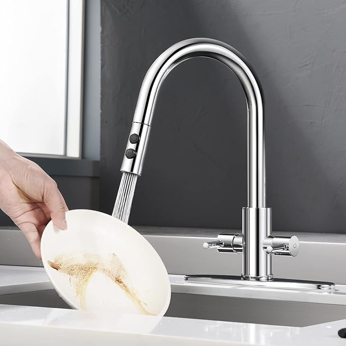 Kitchen Faucet, Two Handles Sink Faucet with Sprayer, Stainless Steel, Chrome, PB1049