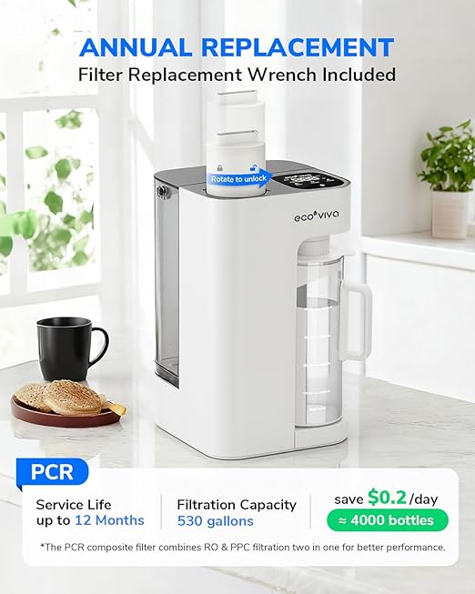 Ecoviva Mate 3 Countertop Reverse Osmosis Water Filter, 8-Stage RO Water Filtration System with 40oz Water Purifier for Home, 3:1 Pure to Drain, Auto Water-Filling, NSF Certified, White