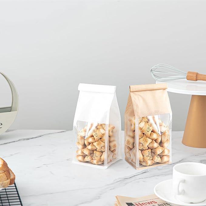 50 Pcs Bread Bags with Tin Tie, Loaf Bags Made Of Brown Cotton Paper, Storage Packing Bag with Clear Window for Bakery, Cafe, Homemade Bread, Mini Size 3.9 Inch