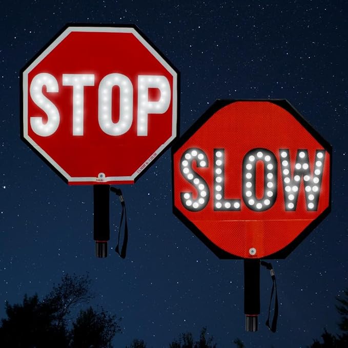 17.7" LED Stop Slow Paddle - Double-Sided Reflective Handheld Traffic Sign with Steady/Flashing Light Modes, Durable Rustproof Aluminum, Essential Safety Tool for Road Work and Events