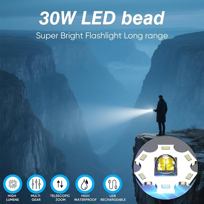 4 Pack High Lumen Rechargeable LED Flashlight - 9 Modes Zoom Tactical Flash Light with Magnetic, Waterproof, Bright Portable USB Charging Cable for Camping Hiking Home Emergency