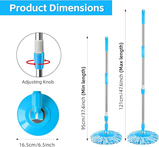 Spin Mop Replacement Handle, 47.6-Inch 360 Degrees Rotating Telescopic Stick with Robust Reinforced Plastic Disc for Bucket Cleaning System (Blue)