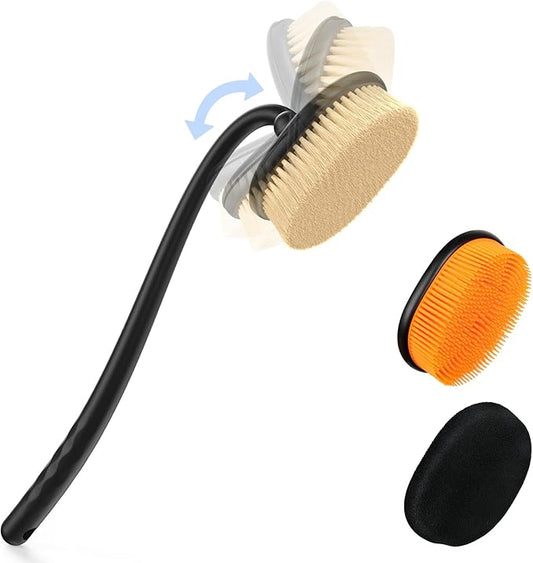 Flexible Up-Down Movement Back Scrubber for Shower for Men & Women, 3 Detachable Back Brush Heads Includes Silicone Body Scrubber, Sponge Bath Brush & Bristle Shower Brush, Wet/Dry Brush, Black