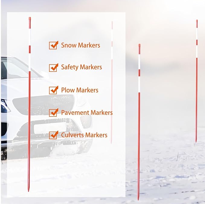 50Pcs Driveway Markers,4Ft Driveway Reflective Poles, Orange Fiberglass Snow Stakes with Reflective Tape for Easy Visibility at Night for Parking Lots