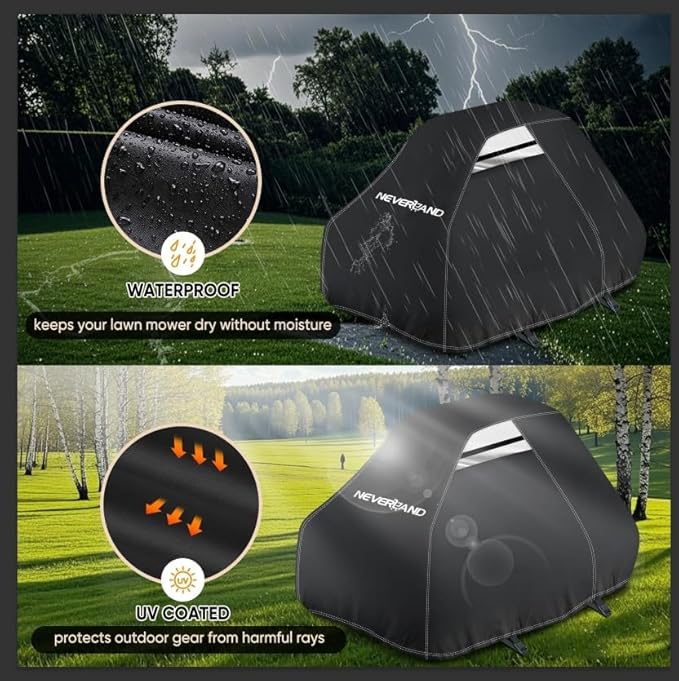 NEVERLAND Zero Turn Mower Cover - Anti-UV Lawn Mower Cover Waterproof Outdoor, 420D Lawn Tractor Cover with Drawstring & Storage Bag Universal Fit up to 60" Decks - Handles and Dual Air Vents