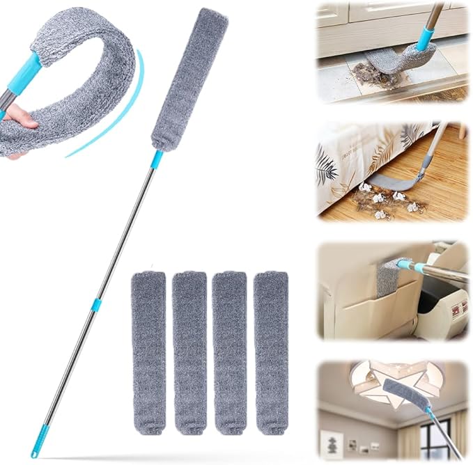 Retractable Gap Dust Cleaner with 4 Reusable Dusting Cloths, Wet & Dry Sweeper Stick Dusters, Bendable Flexible Duster with Extension Pole for Gap Cleaning Under Appliances Furniture (Extra Long)