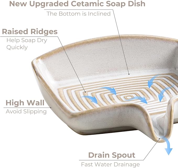 Soap Dishes, Ceramic Shower Soap Dish with Waterfall Design Bar Soap Holder Self Draining Soap Saver for Shower, Bathroom, Sink, Kitchen and Countertop, Beige White