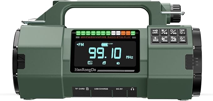 Emergency FM/AM/SW/VHF Weather Radio Bluetooth and Micro SD card playback， Big Flashlight/Speaker,Type-C, Solar Hand Crank Charge, 5000mAh Replaceable Battery,Cell Phone Charger Hurricane Survival kit