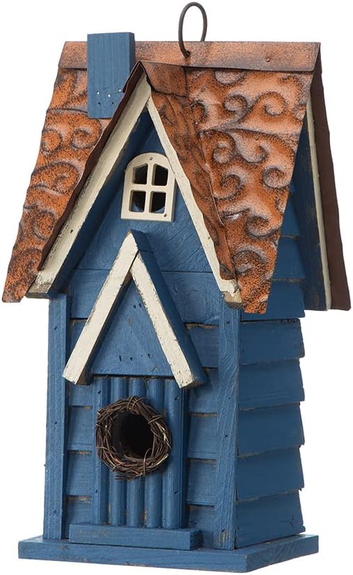 Glitzhome 12" H Retro Blue Distressed Solid Wood Cottage Birdhouse Hanging Bird House for Outdoors