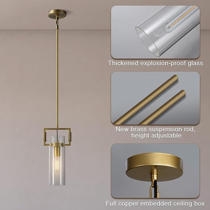 Modern Gold Kitchen Island Pendant Lights, 12 Inch 1-Light Adjustable Pendant Light with Glass Shade & Brass Finish, Hanging Light Fixture for Kitchen, Dining Room, Bathroom, Living Room
