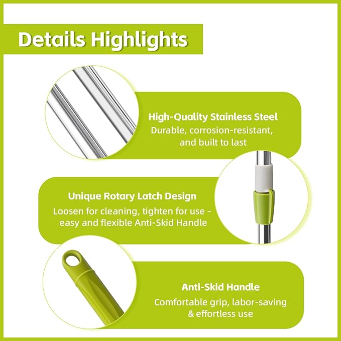 Spin Mop Replacement Handle, 47.6-inch 360 Degrees Rotating Telescopic Replacement Mop Stick with a Robust Stainless Steel Disc for Spin Mop Bucket Cleaning System (Stainless Steel Disc,Green)