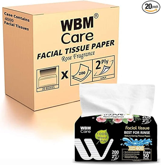 WBM Care Facial Tissues with Rose Fragrance, 200 Sheets per Pack, 20 Packs Totaling 4000 Sheets, Soft, Gentle, Perfect for Daily Use and Sensitive Skin