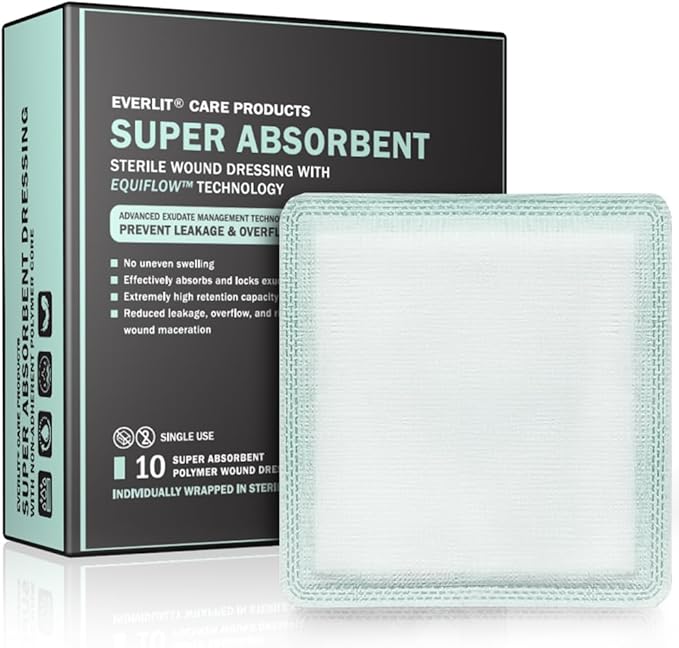 EquiFlow Super Absorbent Dressing for Heavily Exuding Wound | Fast-Absorbing Non-Adhesive Polymer Dressing with Nonstick Gauze Pad | High Absorption & Retention | Pack of 10 (4" x 4")