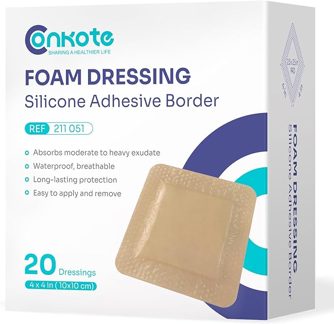 Conkote Silicone Foam Dressings 4'' X 4'', Large Bandages for Bedsores, Wound Care, Box of 20 Dressings
