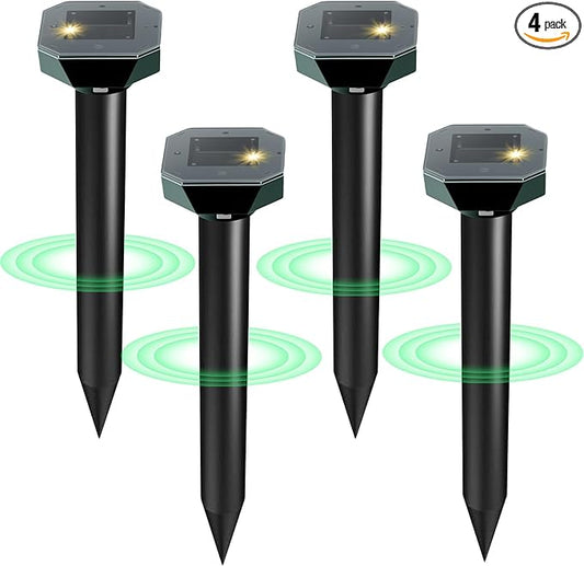 Snake & Mole & Rabbit & Skunk Repellent Solar Powered, 2025 Upgraded Ultrasonic Deterrent, IP65 Waterproof, Gopher Groundhog Chipmunk Raccoon and Vole Repellent & Deterrent for Lawn & Garden, 4 Pack