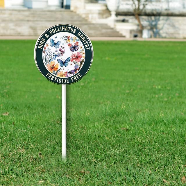 Bidesign Round (9.2X9.2) IN Bird And Pollinator Habitat Pestiside Free Yard Sign with Stake Rustproof Aluminum Butterfly Lawn Signs Stand for Home Garden Yard Decorations Outdoor